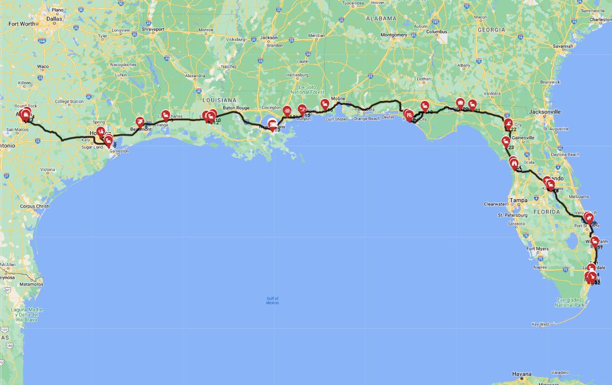 Map for Austin to Miami
